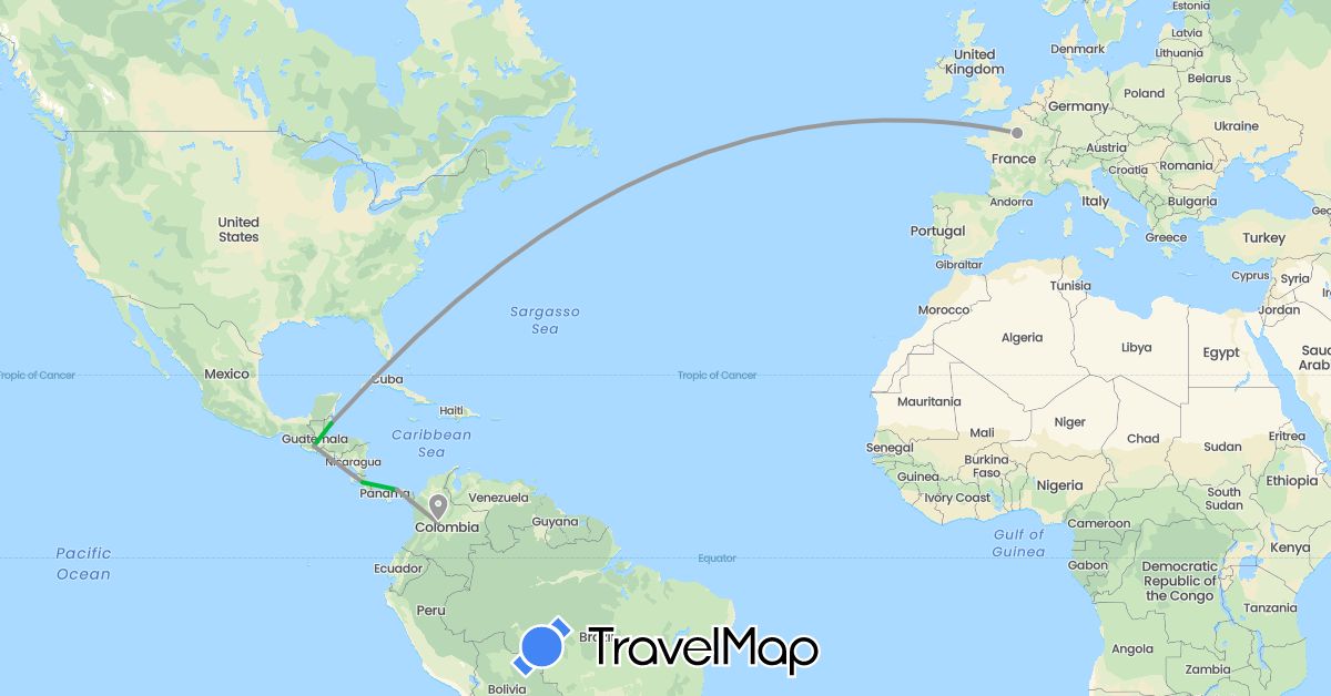 TravelMap itinerary: driving, bus, plane in Belize, Colombia, Costa Rica, France, Guatemala, Panama (Europe, North America, South America)